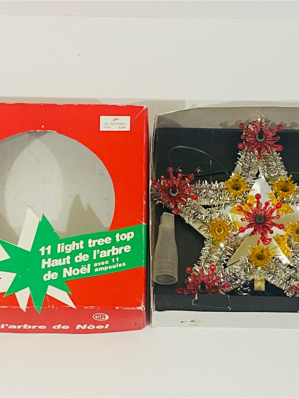 11-Light Silver Tinsel Star Tree Topper with Red & Yellow Flowers
